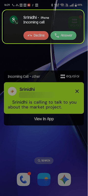 Caller Name on Ring Screen in the Equal AI app