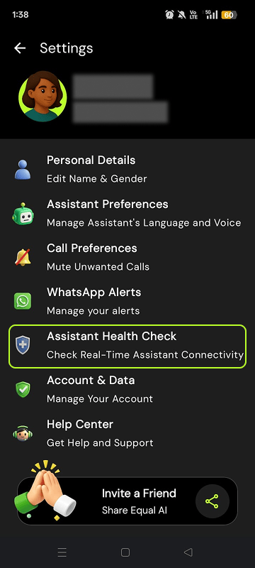Assistant Health Check in the Equal AI app