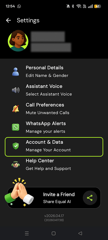 Delete Account in the Equal AI app