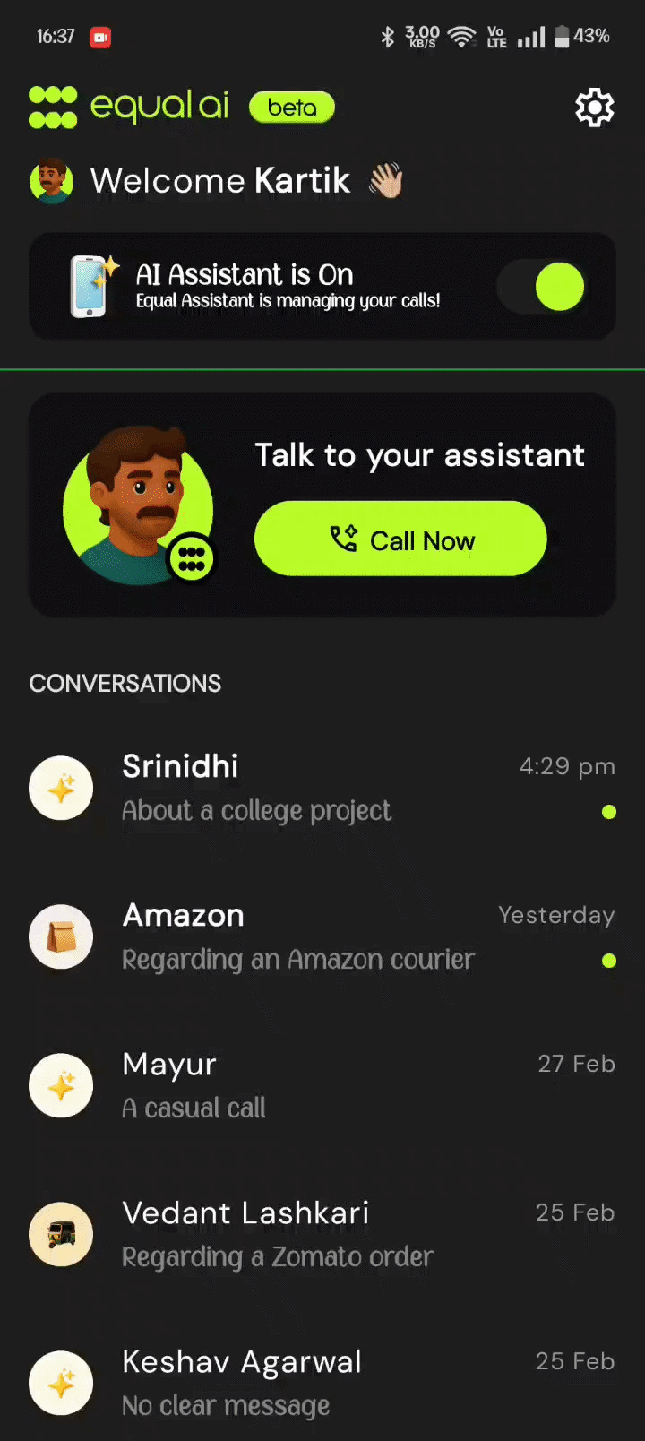 Help Center in the Equal AI app